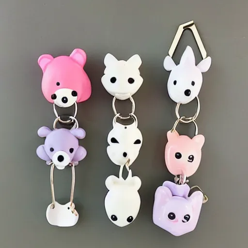 Image similar to some cute plastic toys that look like animal characters hanging from a backpack on a keychain, white, cream, and light pink