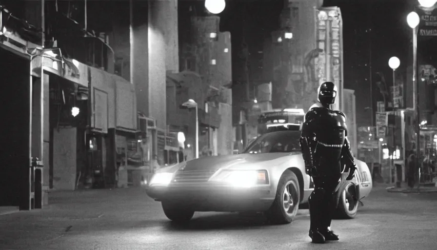 Image similar to peter weller in robocop costume, standing under a street lamp at night in downtown future detroit. leaning against a futuristic police car. criterion collection, movie still. 7 0 mm. imax. film.