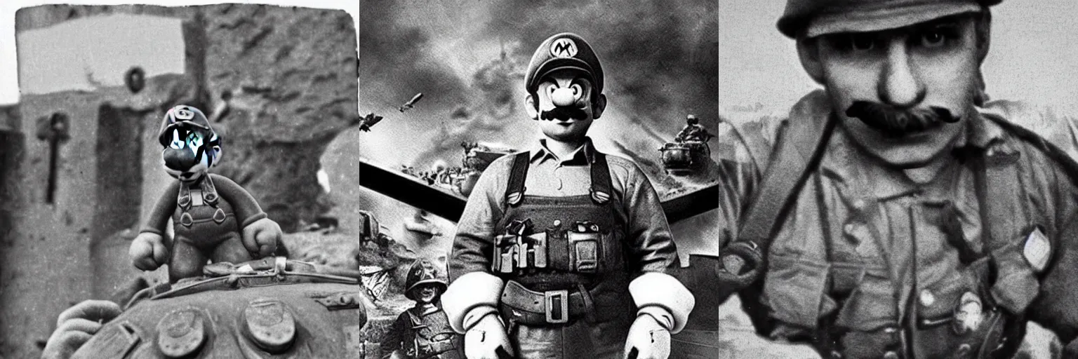 Image similar to Super Mario at World War 2 battlefield, old grainy BW photo
