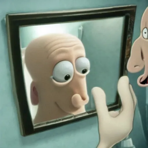 Image similar to man looking into a mirror, his reflection is not there, squidward is in the mirror, photograph