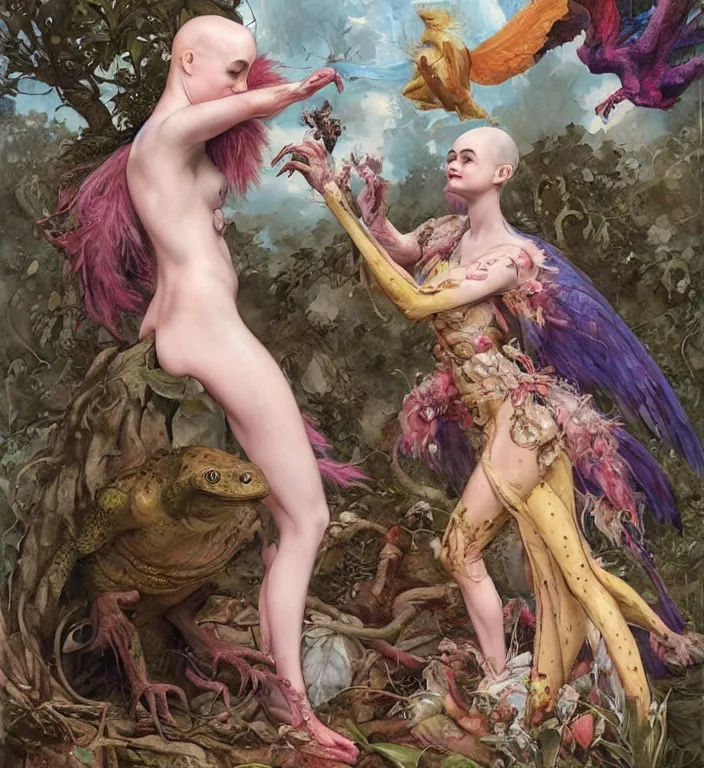 Prompt: a portrait photograph of a bald strong elle fanning as a colorful harpy super hero with slimy scaled skin. she is trying on a amphibian organic dress and transforming into a feathered beast. by tom bagshaw, donato giancola, hans holbein, walton ford, gaston bussiere, peter mohrbacher and brian froud. 8 k, cgsociety