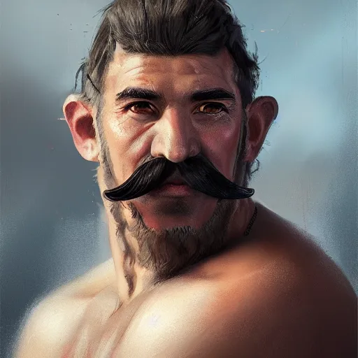 Image similar to portrait old barbarian warrior with trucker mustache and short hair, 8 k, trending on art station, by tooth wu and greg rutkowski