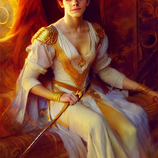 Prompt: emma watson as stunning female master wizard, highly detailed painting by gaston bussiere, craig mullins, j. c. leyendecker, 8 k