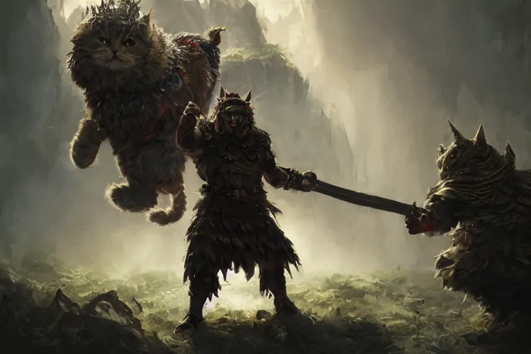 Prompt: a muscular tunesian man wearing shrubbery armor fighting a fluffy cat king with a crown and a scepter and cape, fantasy, digital painting, volumetric light, intricate, sharp, focus, bloom, illustration, highly detailed, concept art, matte, ruan jia, randy vargas, greg rutkowski