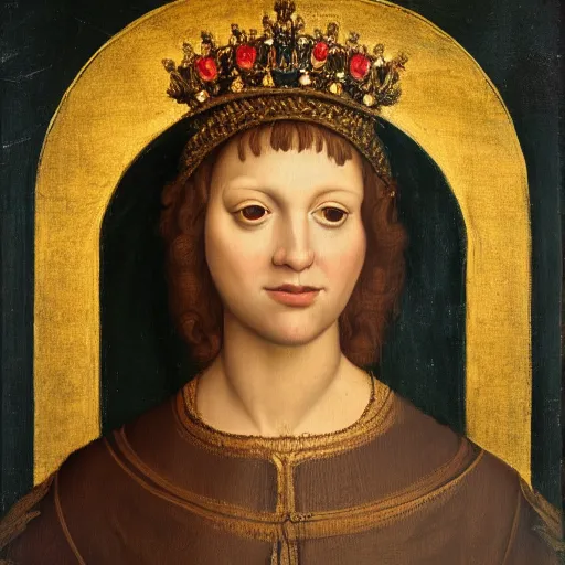 Image similar to a renaissance style portrait painting of a Lion, wearing a crown and cape, dark background