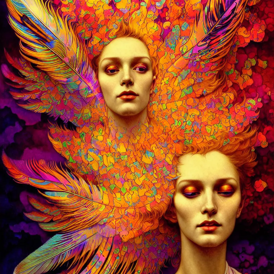 Image similar to face of innocent psychedelic transcendent feather mind bending psychedelic wings of glossy liquid honey flowing like kaleidoscopic translucent holograph, lsd feathers, feathery fluff, enlightenment, high contrast dappled lighting, refracted sunset, highly detailed, concept art, art by collier, albert aublet, krenz cushart, artem demura, alphonse mucha