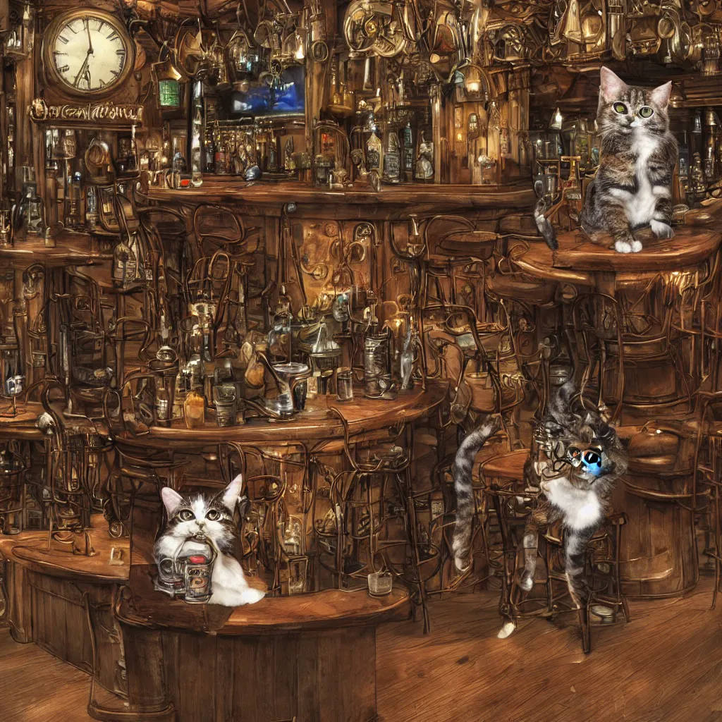 Image similar to photorealistic, steampunk, a single cat sitting at a bar