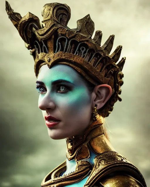 Image similar to photorealistic head and shoulders photo of beautiful victorian female ornate fantasy greek elf spartan warrior goddess, confident, Neil Blevins, Frank frazetta, arney freytag, Ritu Kumar, Sabyasachi Mukherjee, Annie Leibowitz, Magic the gathering,octane, bokeh, 8k, fashion pose, cinematic, 28mm