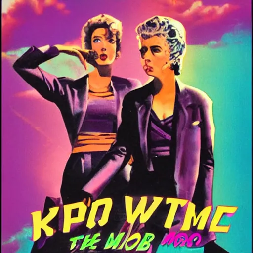 Image similar to vapor wave movie poster of two women on the run from the mob