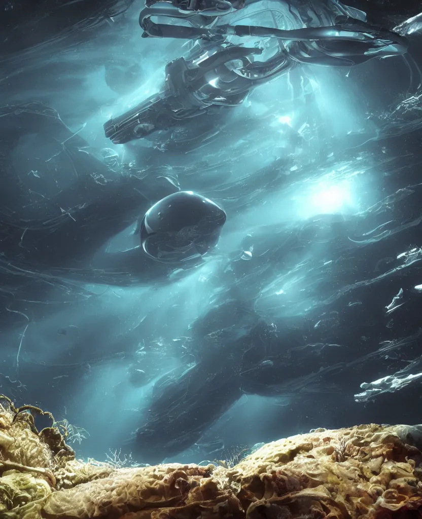 Image similar to white disc - shaped spacecraft submarine, fusion of subnautica and star trek, flying through a spectacular exotic underwater kelp forest canyon, schools of fish, in the style of john eaves ron walotsky ralph mcquarrie, soft natural volumetric lighting, realistic 4 k unreal engine 5 beautifully detailed render, 4 k post processing, trending on artstation