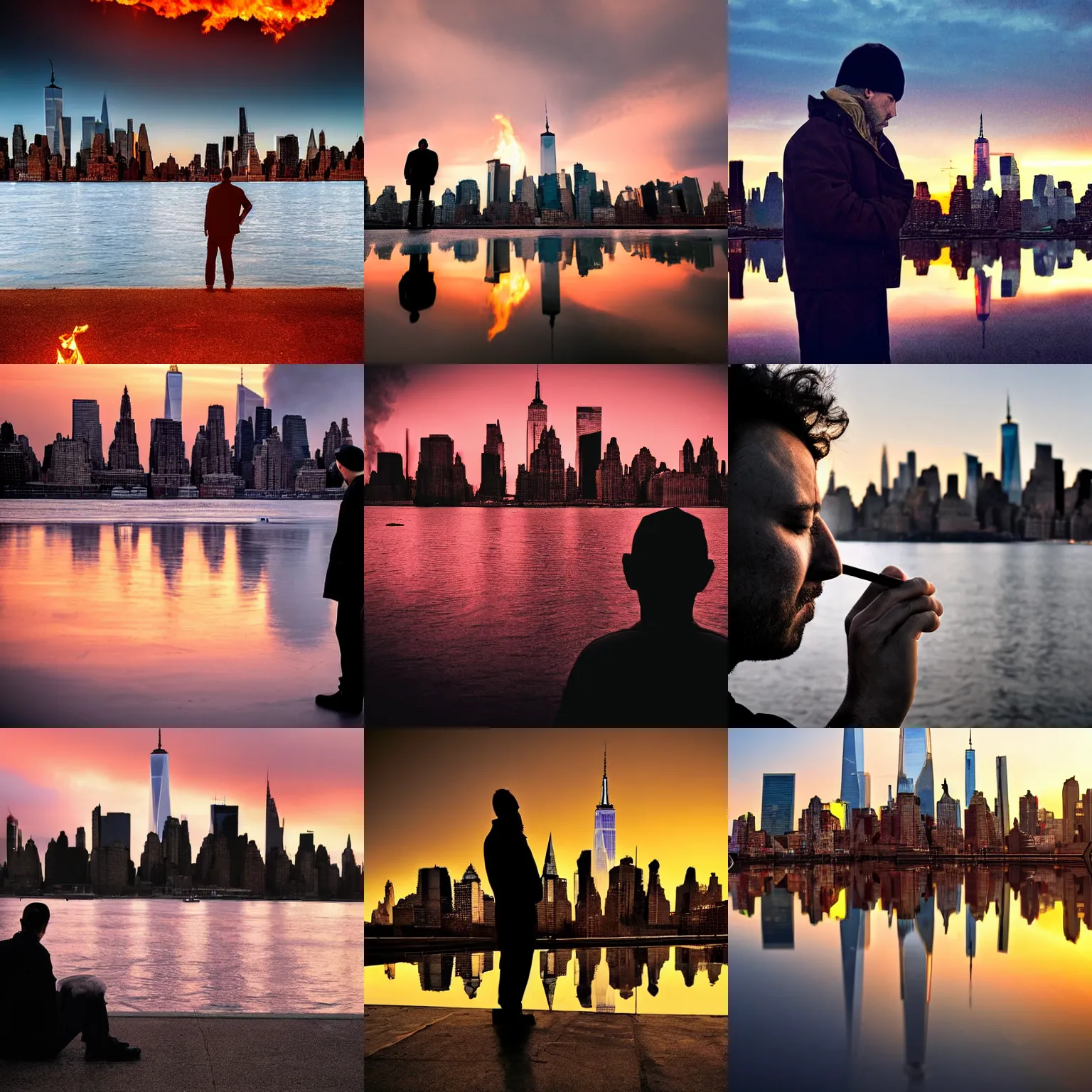 Prompt: man in front of the new york skyline, smoking and burning, reflections, award winning photograph, sunset, desolate, atmospheric