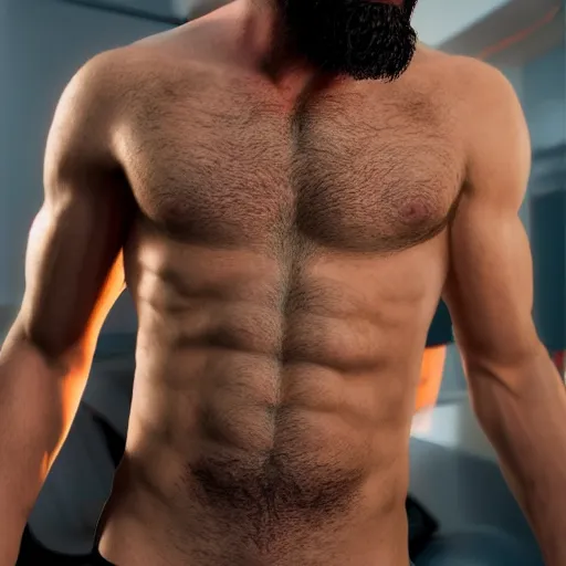 Image similar to a chad with wavy black hair and a beard. muscular. godlike. using a computer.