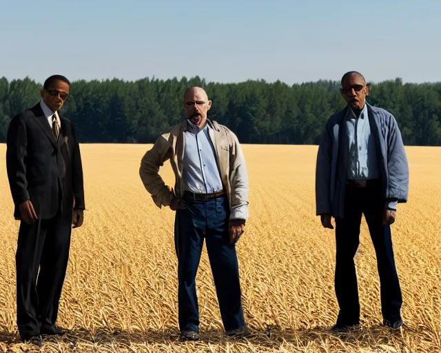 Image similar to extreme long shot of walter white and gustavo fring standing in front of each other from a distance in a wheat field, low angle, side view, 8 5 mm photograph, 8 k resolution, wide shot, sharp lens