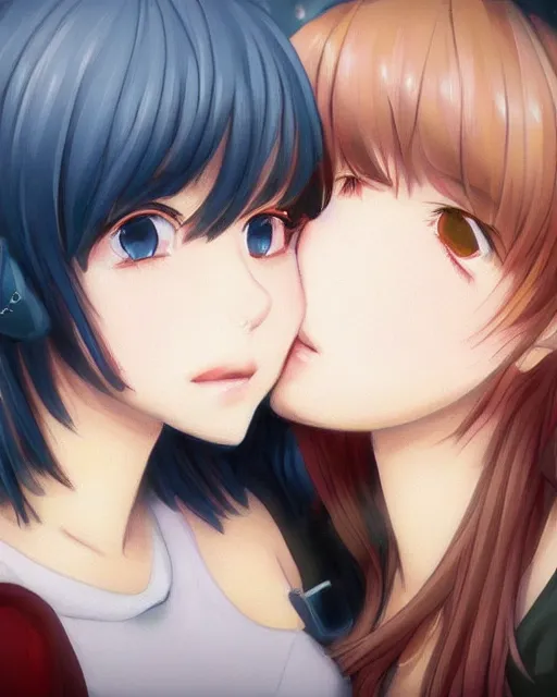 Image similar to portrait of two girls kissing, anime, trending on Artstation