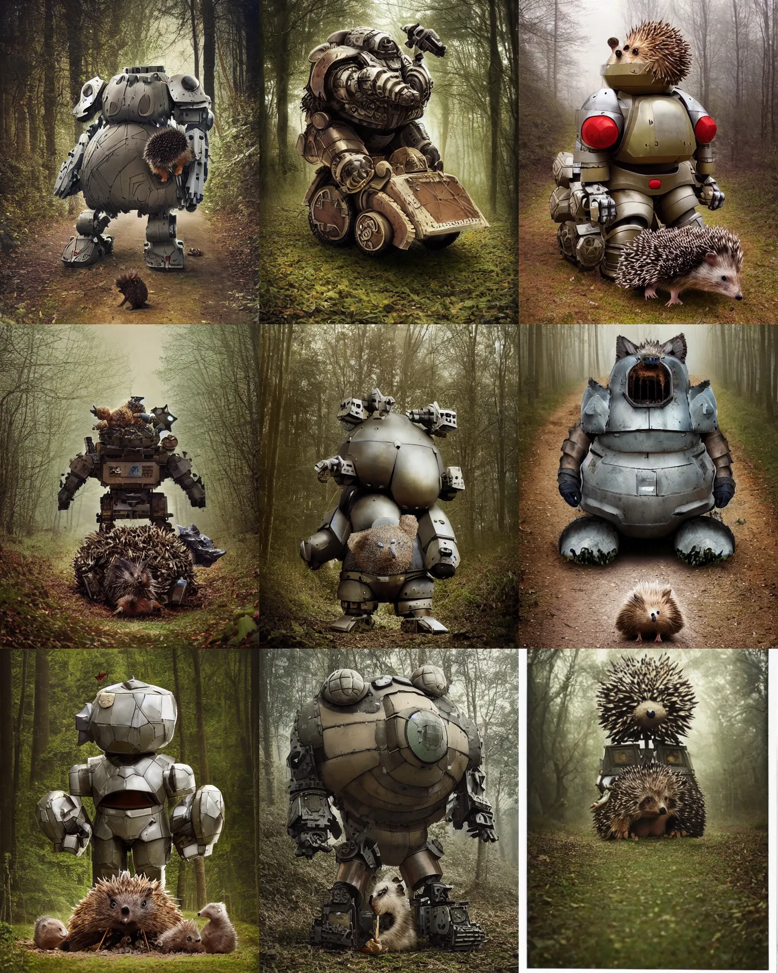 Prompt: giant oversized bulky chubby massive CRT cyborg war machine hedgehog wearing medieval wacky war mech battle armor,and hedgehog babies ,on forest path , full body , Cinematic focus, Polaroid photo, vintage , neutral dull colors, foggy , by oleg oprisco , by thomas peschak, by discovery channel, by victor enrich , by gregory crewdson