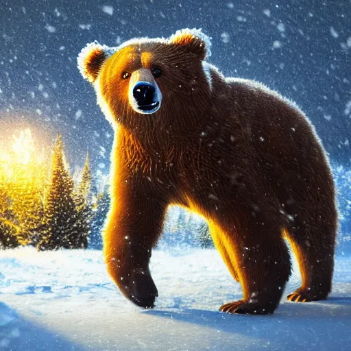 Image similar to smiling brown bear playing yellow Flying-V in hat in winter at streets of Moscow, sharp focus, fantasy style, octane render, volumetric lighting, 8k high definition, by greg rutkowski, highly detailed, trending on art Station