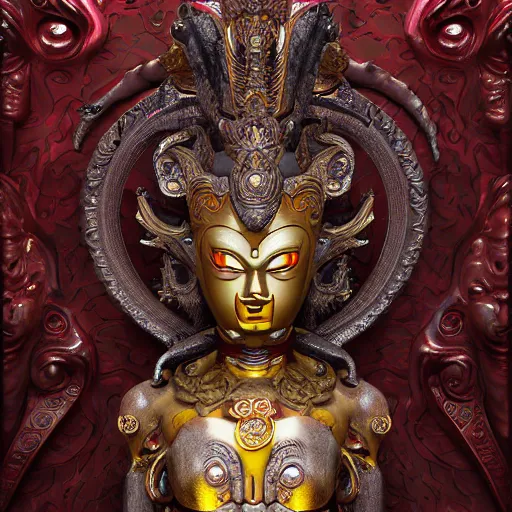 Image similar to naraka buddhist demon korean female, highly detailed, symmetrical long head, golden amber blood eyes, smooth marble surfaces, detailed ink illustration, raiden metal gear, cinematic smooth stone, deep aesthetic, concept art, post process, 4 k, carved marble texture and silk cloth, latex skin, highly ornate intricate details, in the style of 8 8 grzes