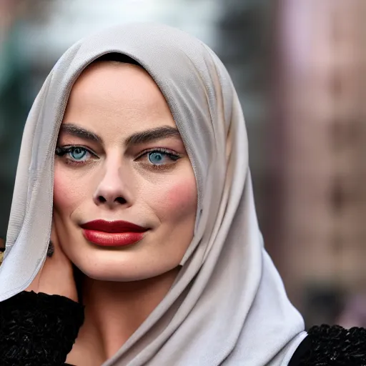 Prompt: portrait of margot robbie wearing hijab, dslr photograph