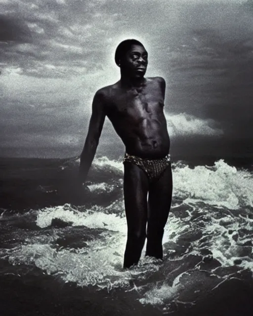 Prompt: Fela Kuti emerging from deep ocean waves, under a stormy sky, c1976, photography by Annie Liebowitz