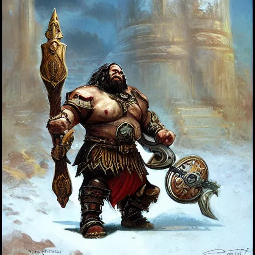 Prompt: Dwarven Gladiator. Epic painting by james gurney.