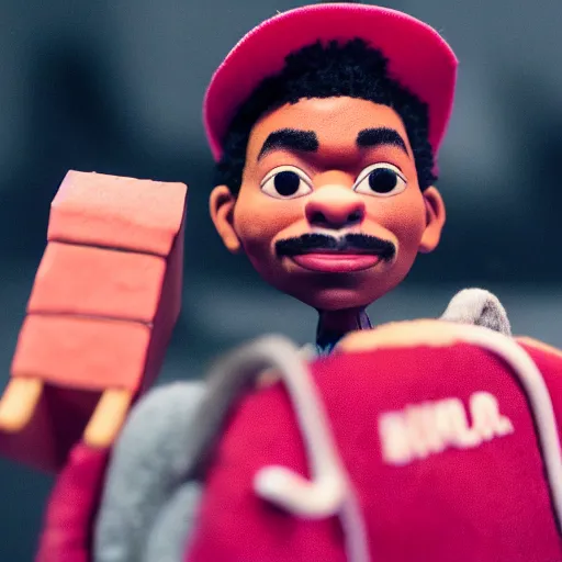 Image similar to a cinematic film still of a claymation stop motion film starring chance the rapper as a college student, shallow depth of field, 8 0 mm, f 1. 8