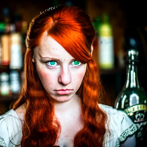 Image similar to beautiful bar maid with auburn hair and green eyes, in a medieval tavern, dramatic, cinematic, filmic, 7 5 mm, f / 1. 8