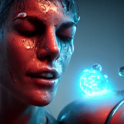 Image similar to sweat drips down forehead as a neromancer jacks into the metaverse , trending on artstation, artgem, deviantart, octane render, cinematic look, 8k, very detailed, photo realistic
