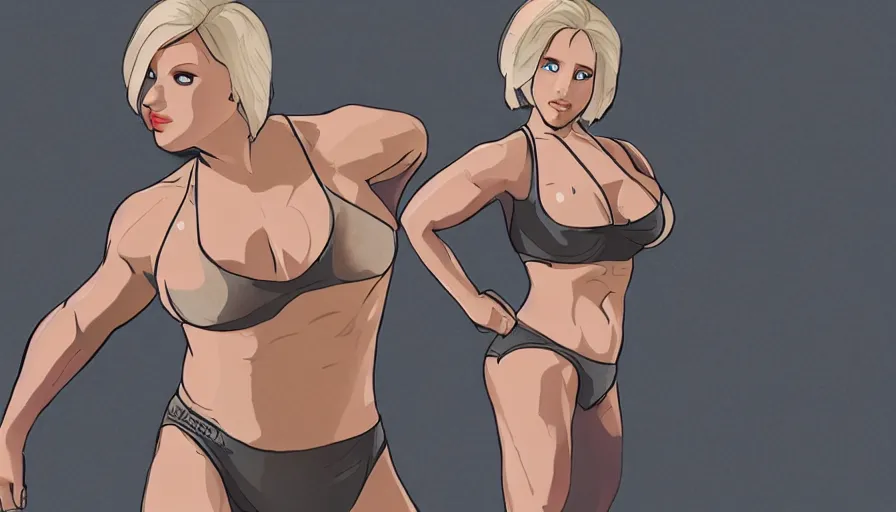 Prompt: portrait of broad hench muscled jennifer lawrence, short silver hair, wearing spandex bikini, bodybuilder, standing in street, studio trigger, cartoon illustration, gta v