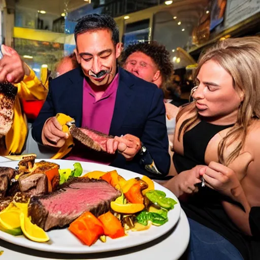 Prompt: tony the tiger eating a juicy steak while people watch