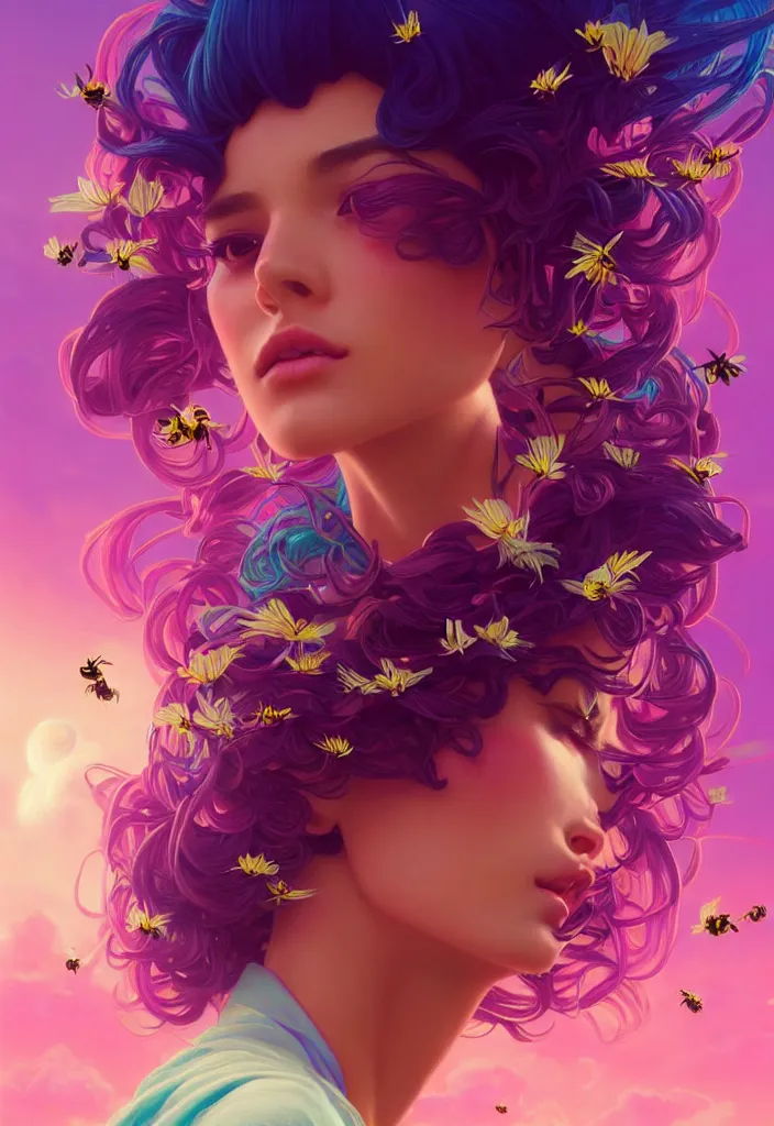 Image similar to young beautiful woman, gorgeous face, vaporwave aesthetic, synthwave, colorful, psychedelic, artstation, flowers, bees, ribbons, concept art, smooth, extremely sharp detail, finely tuned detail, 8 k, unreal engine 5, ultra sharp focus, illustration, art by artgerm and greg rutkowski and alphonse mucha