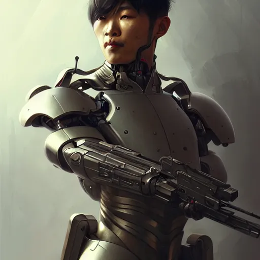 Image similar to ultra realistic illustration, a japanese male cyborg soldier, intricate, elegant, highly detailed, digital painting, artstation, concept art, smooth, sharp focus, illustration, art by artgerm and greg rutkowski and alphonse mucha