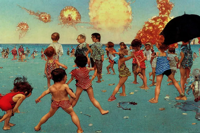 Prompt: children playing at the beach, huge atomic explosion in the background, wide angle shot, oil on canvas by norman rockwell, by mattias adolfsson, by moebius and satoshi kon, hd, 4 k, high quality,