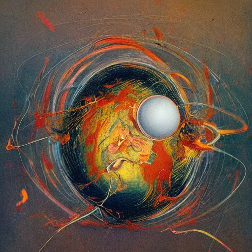 Image similar to a sphere being devoured by abstract splatters of paint in the style of francis bacon, venus being engulfed in flames in the style of james jean, surreal, beksinski, high detailed