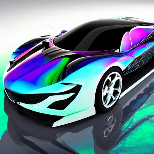 Image similar to concept car with wings and iridescent paint, octane, grandure, highly detailed, reflective marble floor