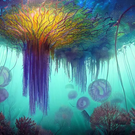 Prompt: underwater forest made of jellyfish beautiful composition, wide angle, colorful, cinematic, volumetric lighting, intricate details painting