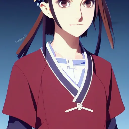 Image similar to a beautiful! boyish! natalie portman model, wearing japanese catholic school girl outfit with mayan pattern and native style, aztec street fashion, guilty gear art direction, perfect anime face, gapmoe yandere grimdark, trending on pixiv fanbox, painted by greg rutkowski makoto shinkai takashi takeuchi studio ghibli, akihiko yoshida