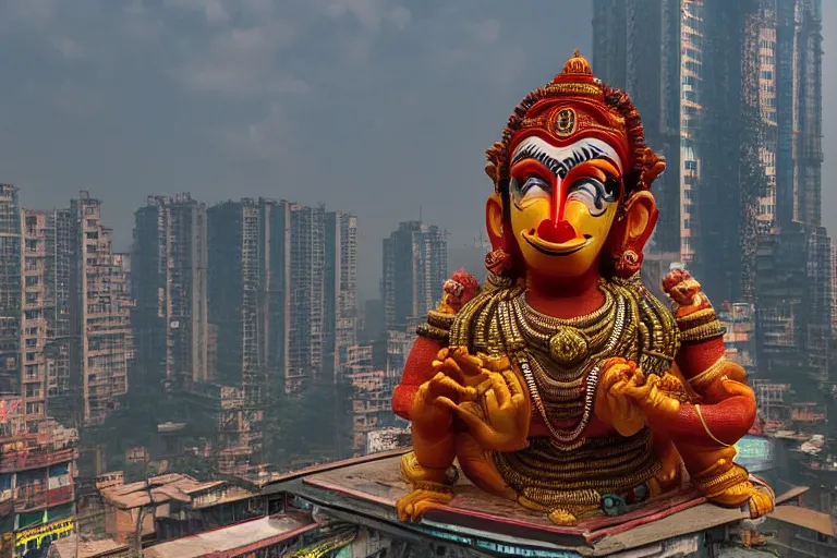 Image similar to high quality 3 d cyberpunk biomorphic hanuman head building in the middle of mumbai!!, beautiful kalighat highly detailed, cinematic smooth, stephen shore & john j. park, soft morning light, wide shot, high angle, uhd 8 k, deep focus