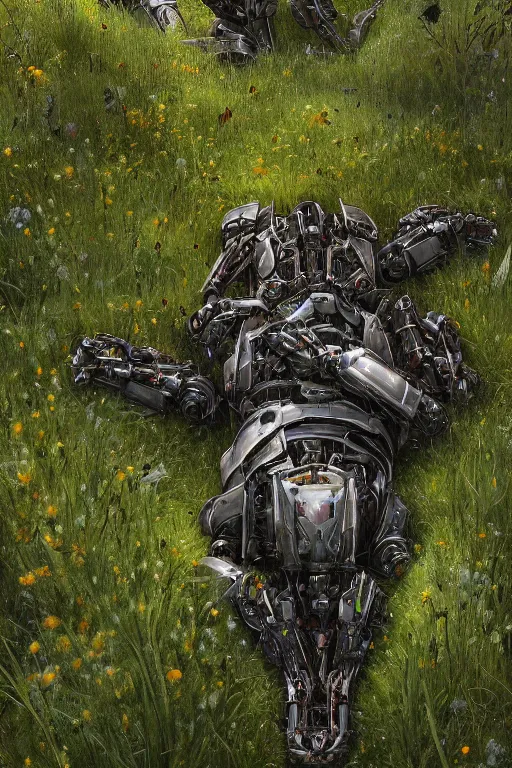 Prompt: a portrait of a broken giant mechanical robot laying in the meadow covered in plants by greg rutkowski, sung choi, mitchell mohrhauser, maciej kuciara, johnson ting, maxim verehin, peter konig, bloodborne, 8 k photorealistic, cinematic lighting, hd, high details, dramatic, dark atmosphere, trending on artstation