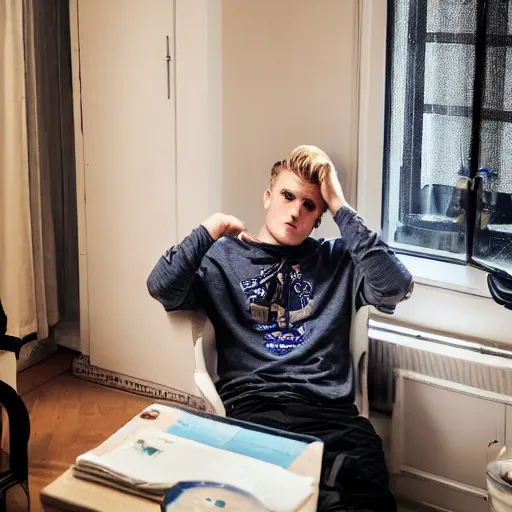 Prompt: jake paul sitting confused and sweating in a small european apartment.