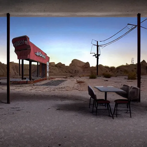 Image similar to abandoned diner in the desert by jon mccoy and georgehull, sunset, cinematic, cinematic lighting, photorealistic, hyperdetailed 3 d matte painting, iridescent, deviantart, trending on artstation, concept art