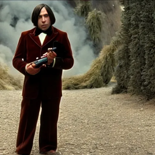 Prompt: anton chigurh holding his shotgun as willy wonka, cinematic still, movie still, hyper detailed, 8 k, 9 0 0 0 k, bokeh