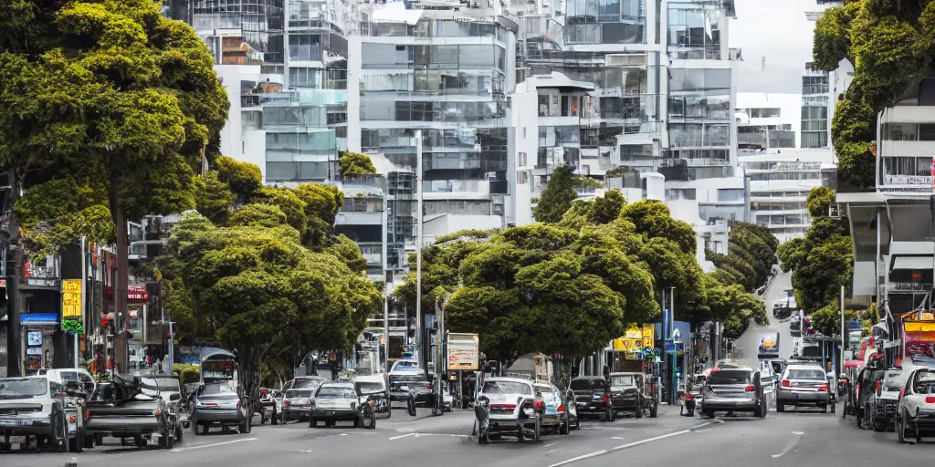 Image similar to photo of a city street in wellington, new zealand but the buildings are interspersed with enormous ancient nz endemic podocarp rimu trees full of epiphytes with birds perching amongst the leaves.