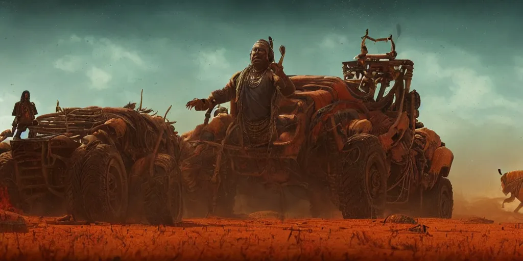 Prompt: solo ancient indian on atv, buffalo chase ,attacking, action scene, an epic fantasy, dramatic lighting, cinematic, establishing shot, extremely high detail, photorealistic, cinematic lighting, artstation, octane render, by simon stalenhag, horizon forbidden west and mad max, woodpunk