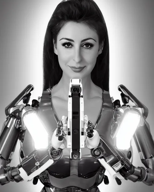 Image similar to centered portrait of flirtatious young sabrina salerno as a solarpunk mecha humanoid robotic parts and camera lens covers left eye with bright led lights, real human face, pudica pose bouguereau style, white room, ultra - realistic and intricate, soft portrait shot 8 k