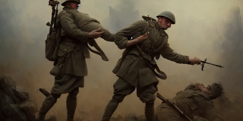 Prompt: male soldier from world war 1 holding his friends death body and crying on over it, extremely detailed digital painting, in the style of fenghua zhong and ruan jia and jeremy lipking and peter mohrbacher, mystical colors, rim light, beautiful lighting, 8 k, stunning scene, raytracing, octane, trending on artstation