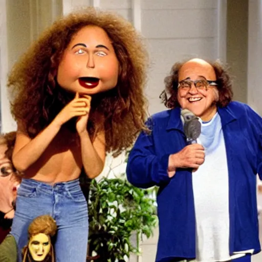 Image similar to danny devito hippy guest appearance on the elen degeneres show, plastic mannequins with cone shaped heads in the crowd, highly detailed facial expressions