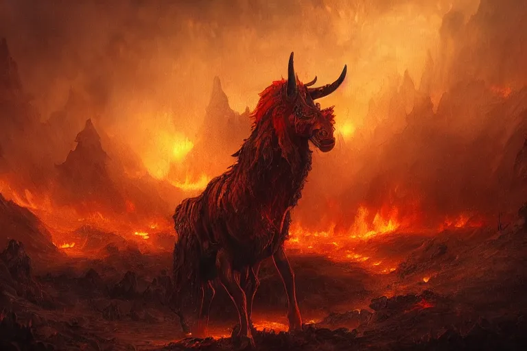 Image similar to fine art painting of a nightmare in a hellish landscape, flaming hooves and burning eyes, artstation, cgsociety, very detailed, intricate, masterpiece, stunning, romanticism