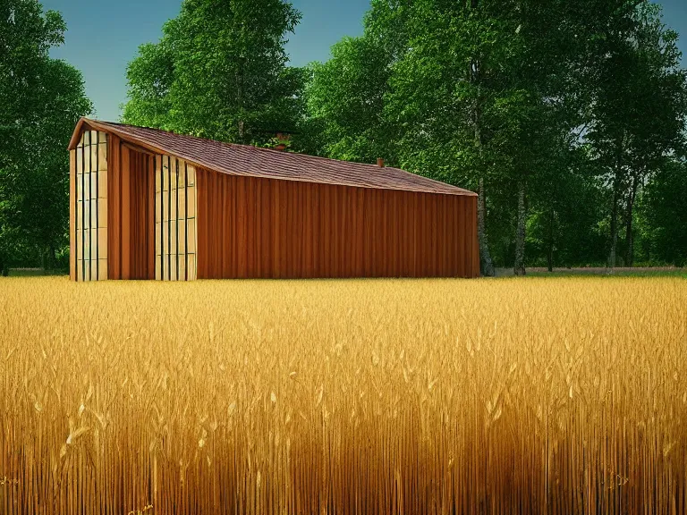 Image similar to hyperrealism design of beautiful eco house around the forest in small ukrainian village by taras shevchenko, wheat field behind the house