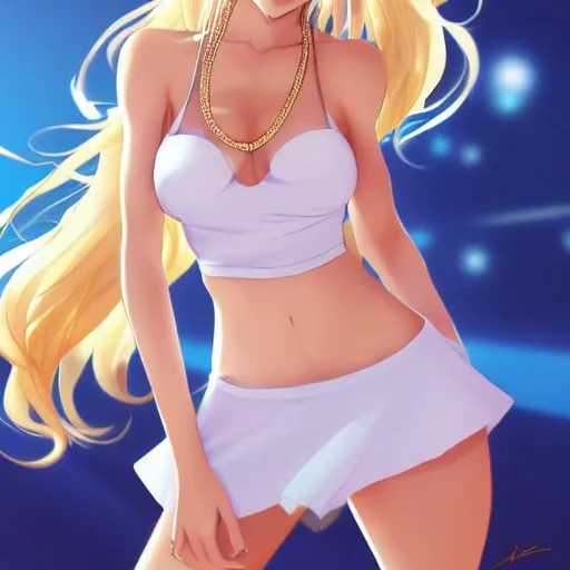 Image similar to full body shot : a very beautiful young blond tennis anime girl, sky blue eyes, large golden chain, bikini, white miniskirt, highly detailed, cinematic wallpaper by stanley artgerm lau