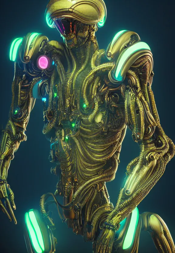 Image similar to ultra realist intricate detailed painting of a single attractive alien male, neon scales and cyborg tech, hyperrealistic, soft lighting, octane render